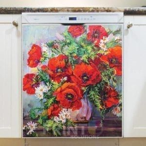 Beautiful Red Poppies and Daisies Dishwasher Magnet