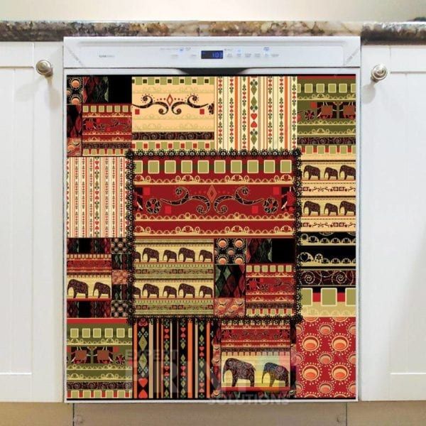 Bohemian Folk Art African Elephants Patchwork Pattern #2 Dishwasher Magnet