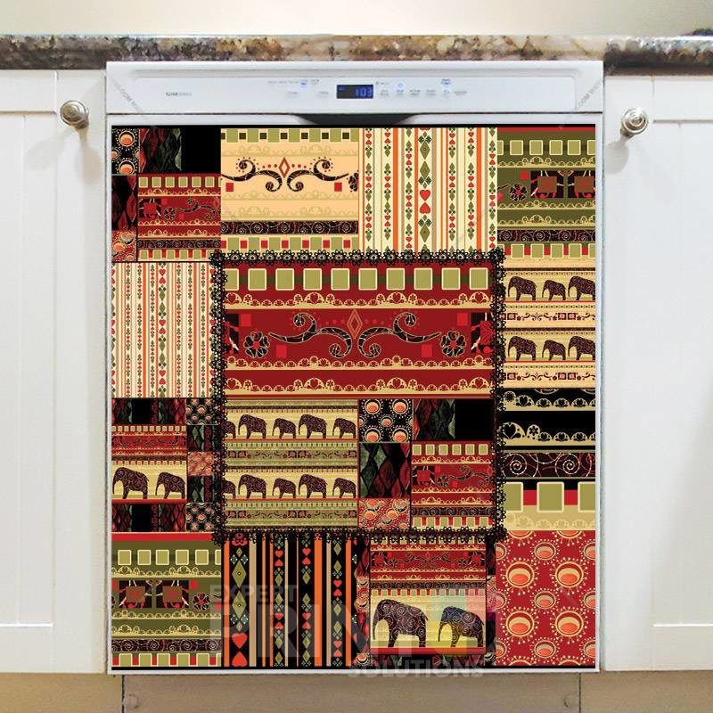 Bohemian Folk Art African Elephants Patchwork Pattern #2 Dishwasher Magnet