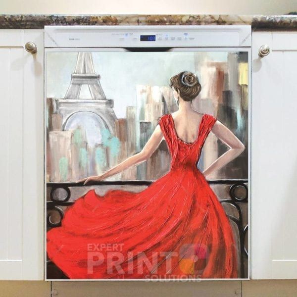 Elegant Red Dress Lady in Paris Dishwasher Magnet