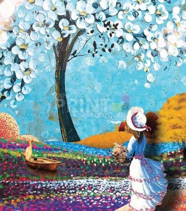 Lady and a Blooming Tree Garden Flag