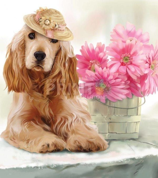 Spaniel in a Hat Sitting near Pink Flowers Garden Flag