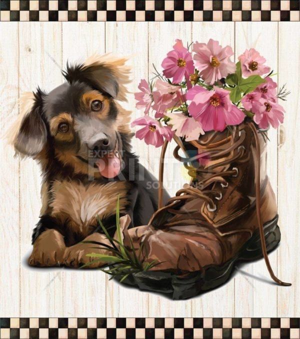 Cute Puppy and Flower Boot Garden Flag