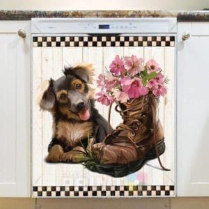 Cute Puppy and Flower Boot Dishwasher Magnet