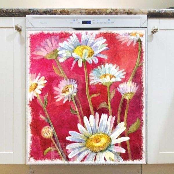 Cute Daisies on Red Background Dishwasher Magnet