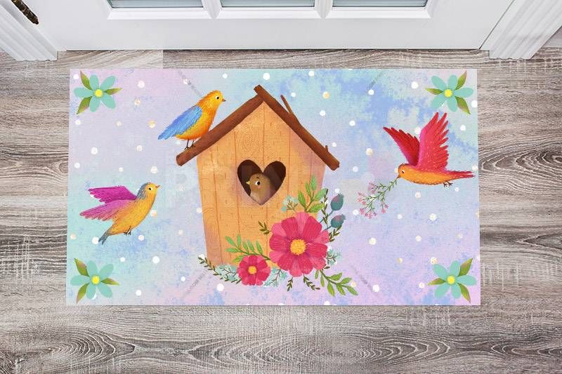 Birds Birdhouse and Flowers - Home Sweet Home Floor Sticker