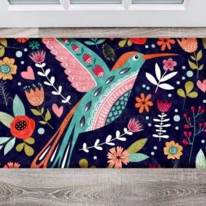 Bohemian Folk Art Hummingbird and Flowers Floor Sticker