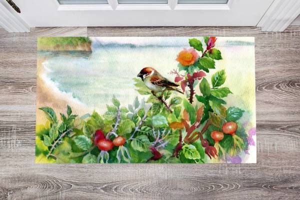 Little Sparrow on a Dog-Rose Bush Floor Sticker