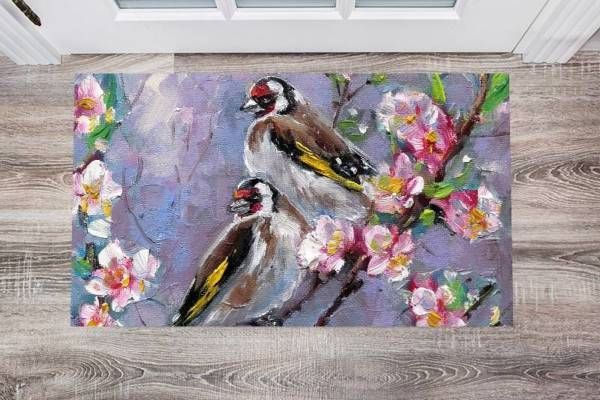 Goldfinches Sitting on the Flower Branch Floor Sticker