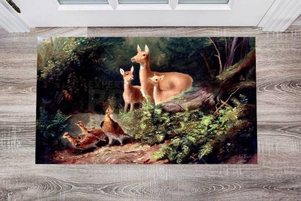 Forest Deer Family and Pheasants Floor Sticker