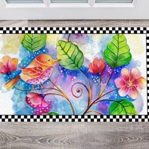 Colorful Folk Bird and Flowers Floor Sticker