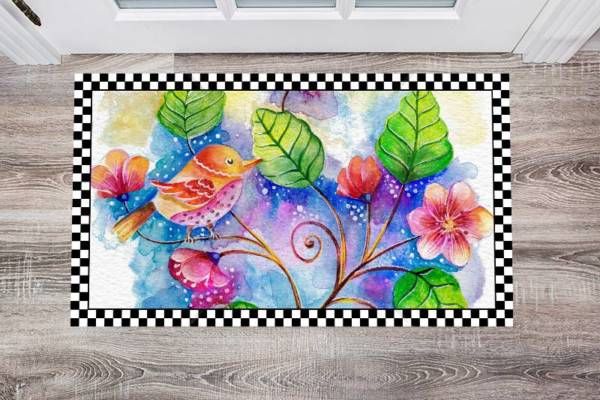 Colorful Folk Bird and Flowers Floor Sticker