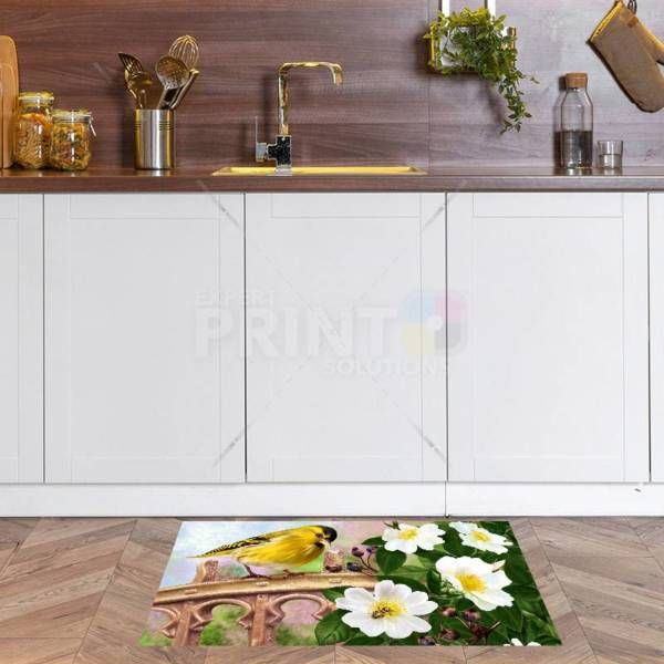 Little Yellow Bird and Blooming White Roses Floor Sticker