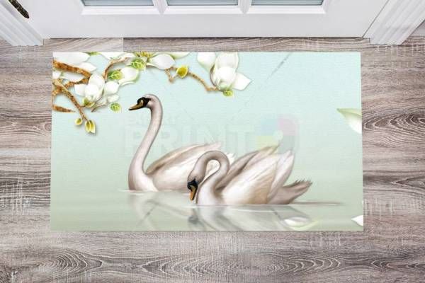 Swan Couple and White Blossoms Floor Sticker
