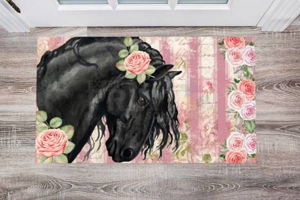 Beautiful Black Horse and Roses #1 Floor Sticker
