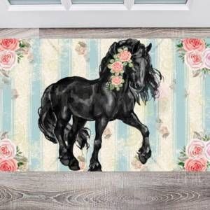 Beautiful Black Horse and Roses #4 Floor Sticker