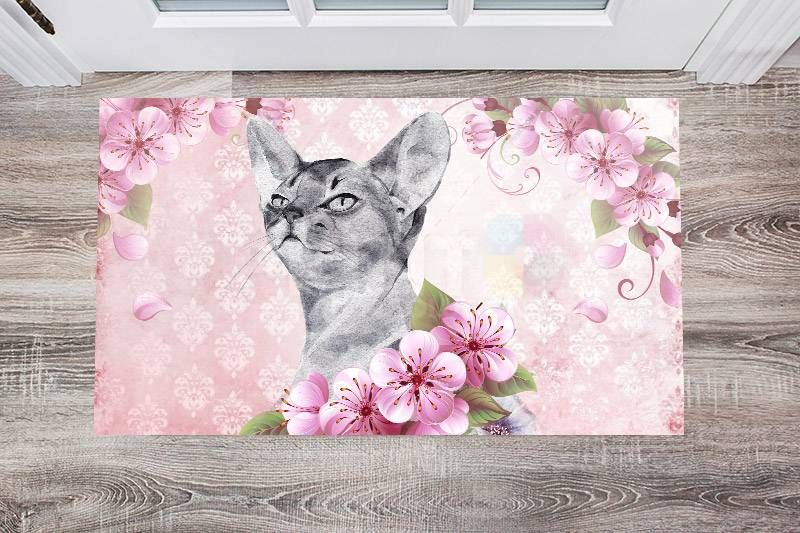 Pretty Sphynx Cat and Flowers Floor Sticker