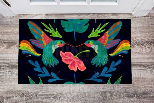 Bohemian Folk Art Ethnic Hummingbird and Flowers Floor Sticker