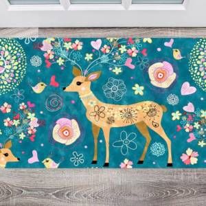 Bohemian Folk Art Ethnic Deer and Flowers Design Floor Sticker