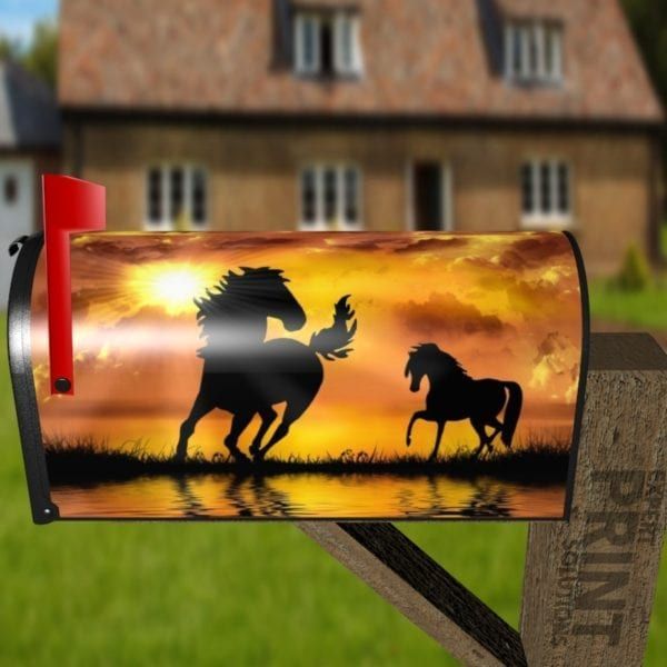 Silhouette of Sunset Horses Decorative Curbside Farm Mailbox Cover