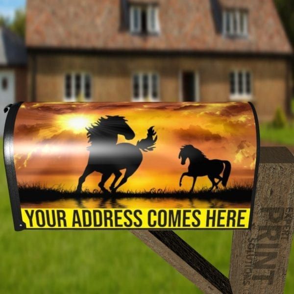 Silhouette of Sunset Horses Decorative Curbside Farm Mailbox Cover