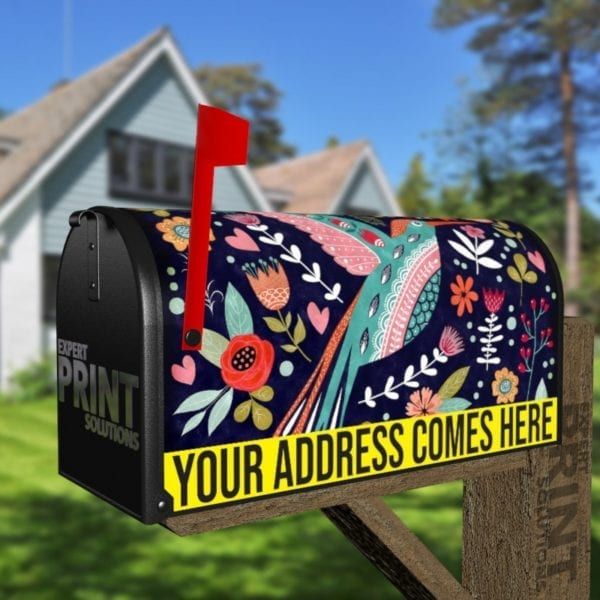 Bohemian Folk Art Hummingbird and Flowers Decorative Curbside Farm Mailbox Cover