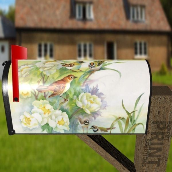 White Flowers and Birds Decorative Curbside Farm Mailbox Cover