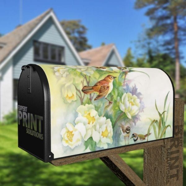 White Flowers and Birds Decorative Curbside Farm Mailbox Cover