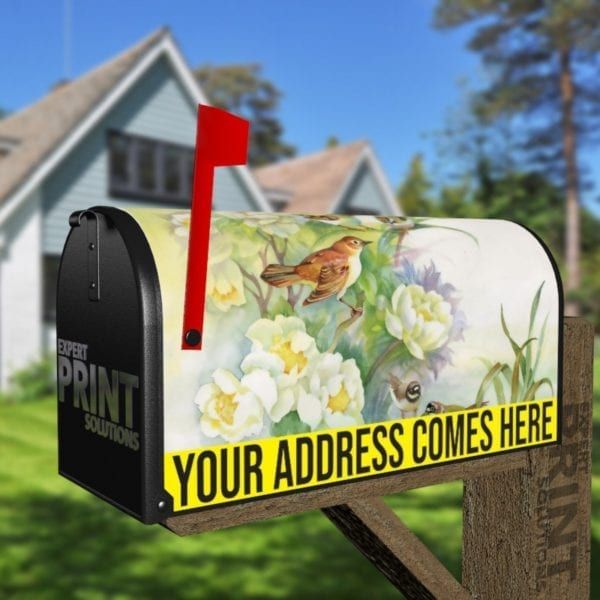 White Flowers and Birds Decorative Curbside Farm Mailbox Cover