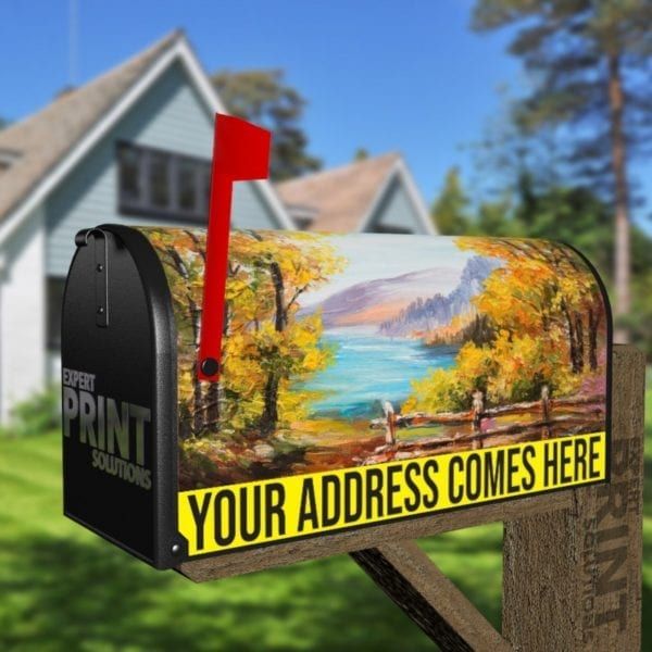 Colorful Autumn Forest and Mountain Lake Decorative Curbside Farm Mailbox Cover