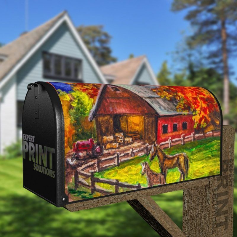 Farmhouse Barn and Horses Decorative Curbside Farm Mailbox Cover