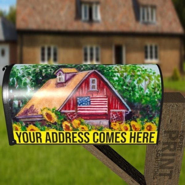 Cute American Barn in a Sunflower Field Decorative Curbside Farm Mailbox Cover