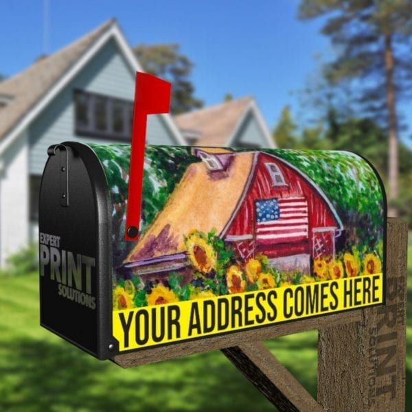 Cute American Barn in a Sunflower Field Decorative Curbside Farm Mailbox Cover