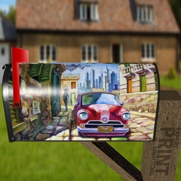 Old Red Car on a Sunny Street Decorative Curbside Farm Mailbox Cover