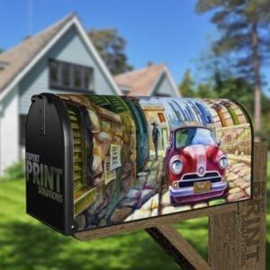 Old Red Car on a Sunny Street Decorative Curbside Farm Mailbox Cover