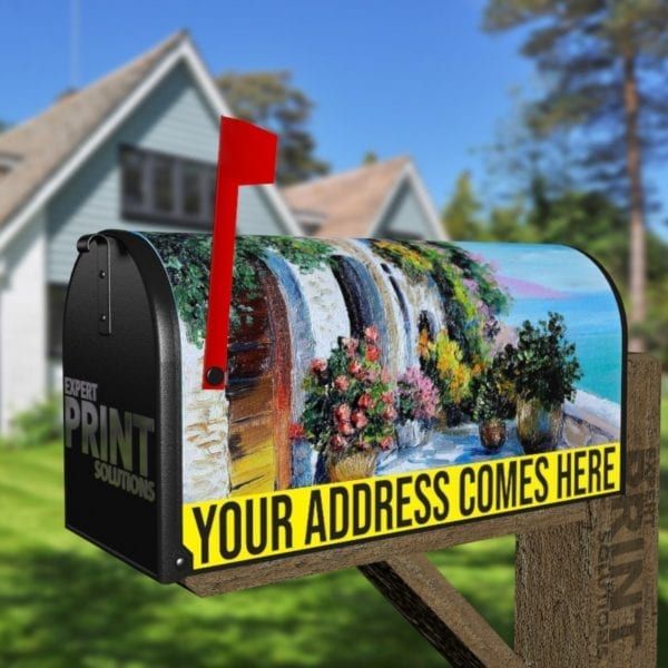 Mediterranean Cottage Near the Sea #2 Decorative Curbside Farm Mailbox Cover