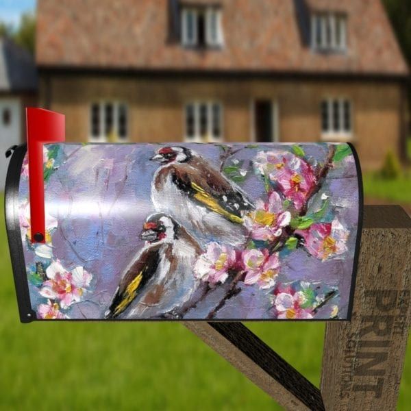 Goldfinches Sitting on the Flower Branch Decorative Curbside Farm Mailbox Cover