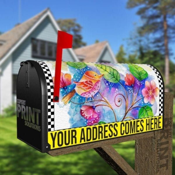 Colorful Folk Bird and Flowers Decorative Curbside Farm Mailbox Cover