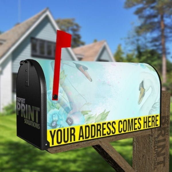 Romantic Swan and Blue Flowers Decorative Curbside Farm Mailbox Cover
