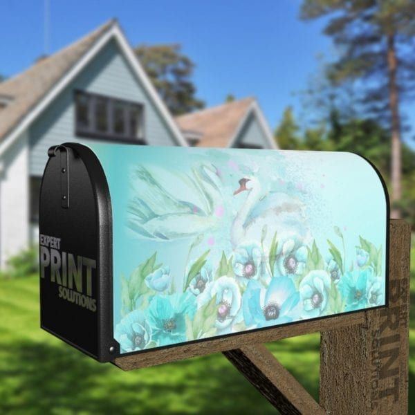 Romantic Swans and Blue Flowers Decorative Curbside Farm Mailbox Cover