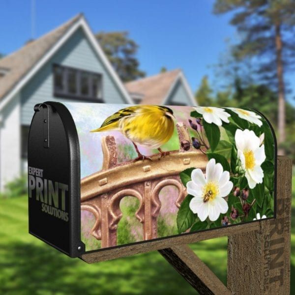 Little Yellow Bird and Blooming White Roses Decorative Curbside Farm Mailbox Cover