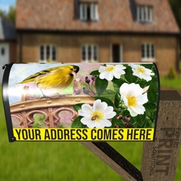 Little Yellow Bird and Blooming White Roses Decorative Curbside Farm Mailbox Cover