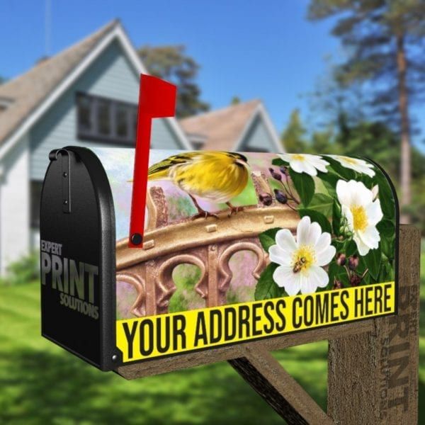 Little Yellow Bird and Blooming White Roses Decorative Curbside Farm Mailbox Cover