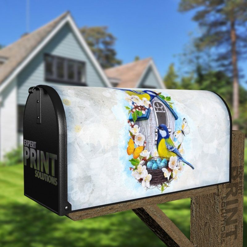 Yellow and Blue Bird Couple and a Birdhouse Decorative Curbside Farm Mailbox Cover