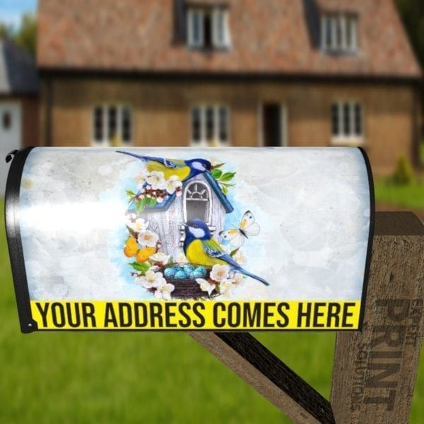 Yellow and Blue Bird Couple and a Birdhouse Decorative Curbside Farm Mailbox Cover