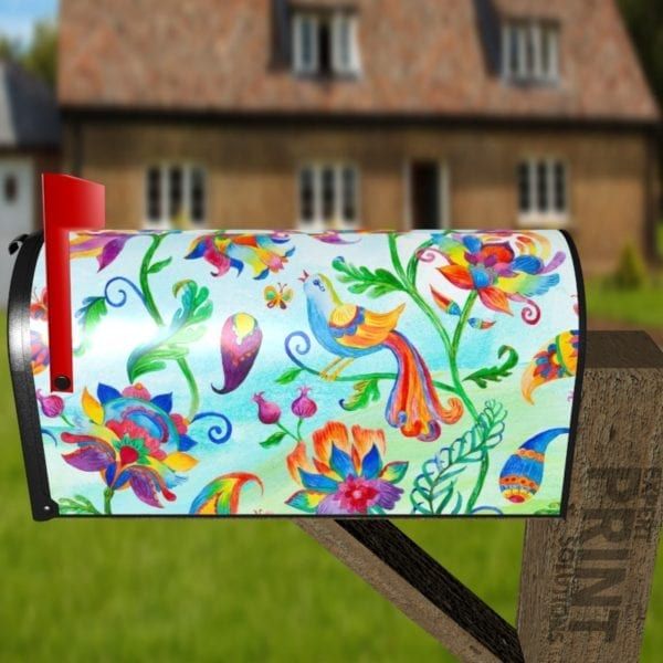 Bohemian Folk Art Pattern with a Bird, Flowers and Paisley Decorative Curbside Farm Mailbox Cover