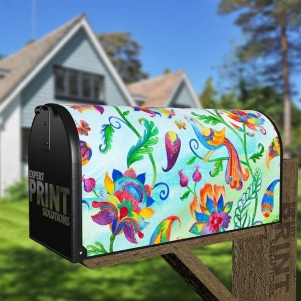 Bohemian Folk Art Pattern with a Bird, Flowers and Paisley Decorative Curbside Farm Mailbox Cover