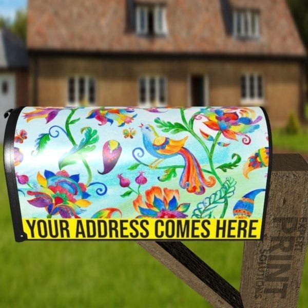 Bohemian Folk Art Pattern with a Bird, Flowers and Paisley Decorative Curbside Farm Mailbox Cover