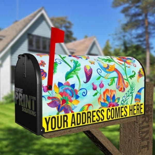 Bohemian Folk Art Pattern with a Bird, Flowers and Paisley Decorative Curbside Farm Mailbox Cover