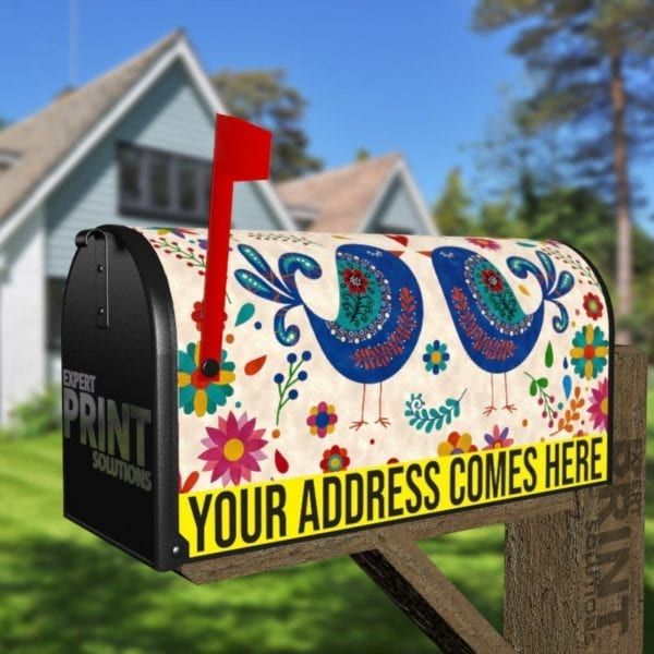 Bohemian Folk Art Pattern with a Birds and Flowers Decorative Curbside Farm Mailbox Cover